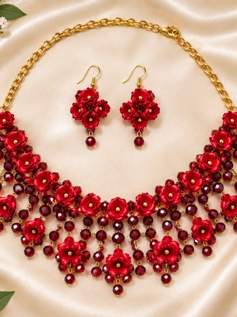 Gold-Tone Red Floral Statement Necklace & Earrings Set